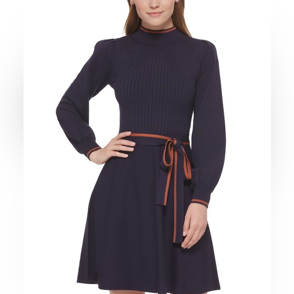 Vince Camuto Navy Dress with Burnt Orange Trim and Belt